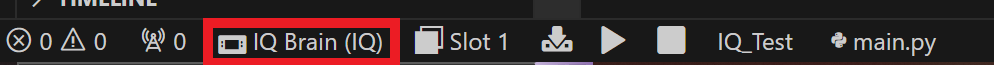Ikon Device Picker disorot pada bilah alat VS Code. Device Picker memperlihatkan jenis dan nama perangkat yang terhubung, dan dalam contoh ini terbaca IQ Brain (IQ).