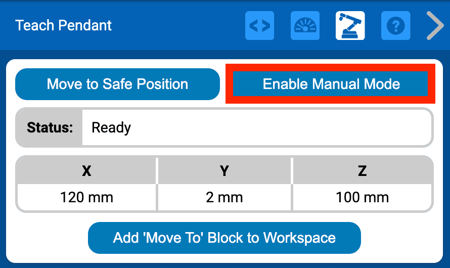 VEXcode-ൽ Teach Pendant-ന്റെ മുകൾ ഭാഗം, മുകളിൽ വലത് കോണിലുള്ള Enable Manual Mode ബട്ടൺ ഒരു ചുവന്ന ബോക്സിൽ ഹൈലൈറ്റ് ചെയ്തിരിക്കുന്നു. സ്റ്റാറ്റസ് 'റെഡി' എന്ന് കാണിക്കുന്നു, കൂടാതെ X, y, z കോർഡിനേറ്റുകൾ കാണിക്കുന്നു.