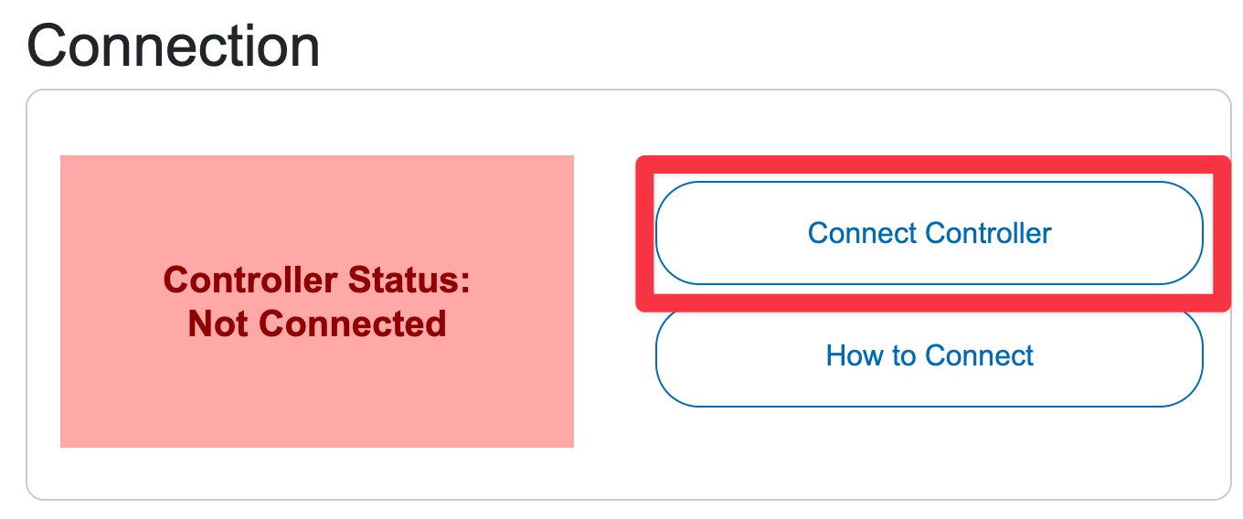 Bagian status pengontrol pada halaman Keterampilan Pengemudi. Di sebelah kiri adalah status pengontrol saat ini yang terbaca Tidak Tersambung dalam contoh ini. Di sebelah kanan terdapat tombol untuk menghubungkan pengontrol yang disorot dengan kotak merah.