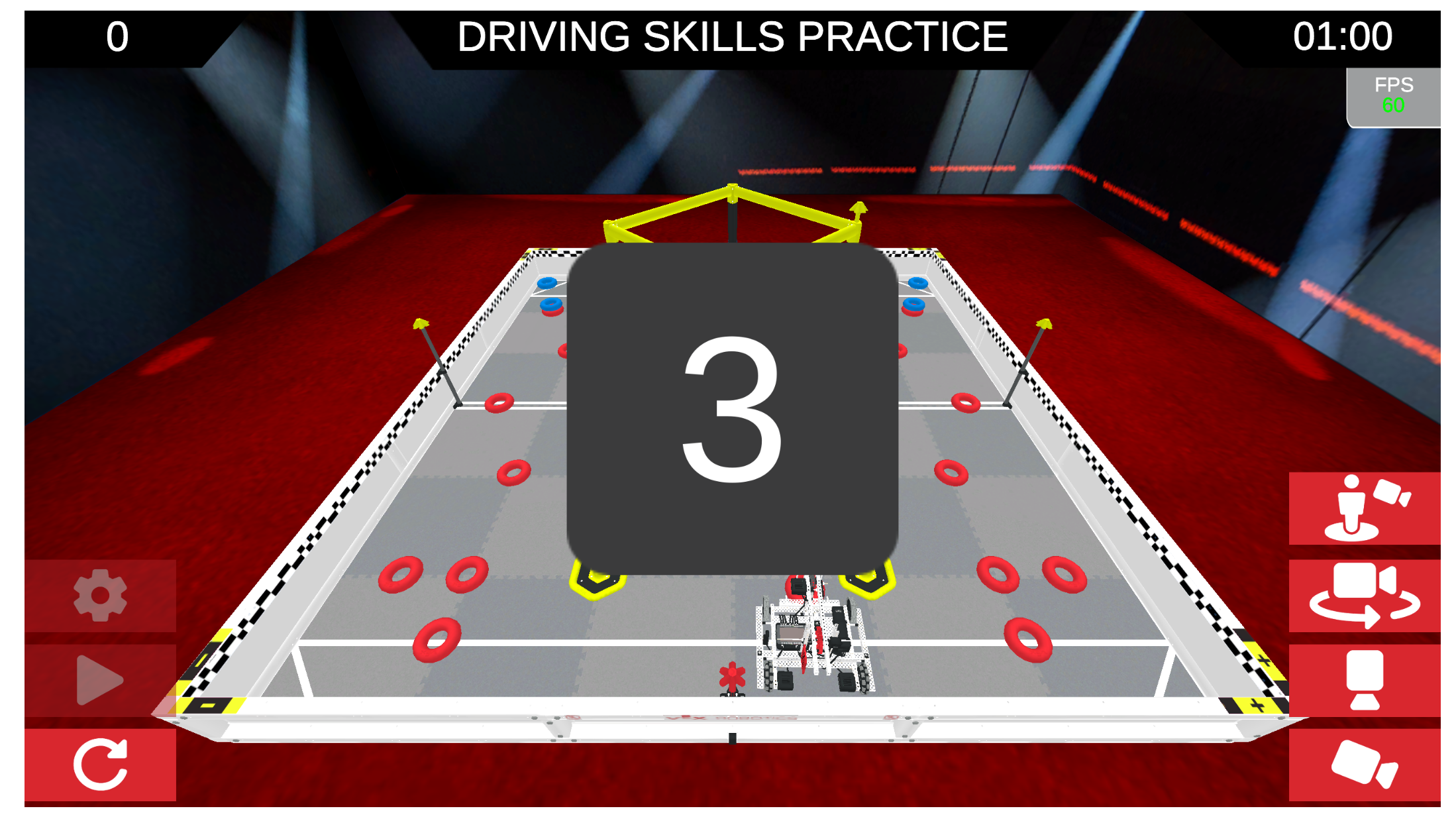 ड्राइविंग कौशल अभ्यास विंडो, जिसके मध्य में एक बड़ा 3 बना हुआ है, जो मैच शुरू होने की उल्टी गिनती दिखा रहा है।