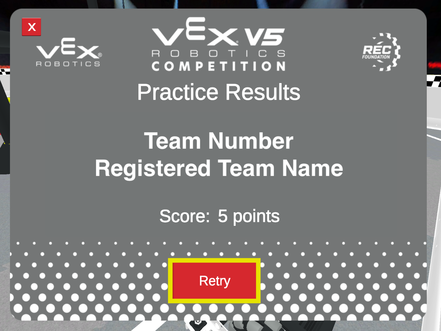 मैच समाप्ति स्क्रीन पर टीम संख्या और पंजीकृत टीम नाम के लिए अभ्यास परिणाम दिखाए जाएंगे। स्कोर 5 अंक है। स्क्रीन के नीचे स्थित पुनः प्रयास बटन लाल बॉक्स में हाइलाइट किया गया है, जो यह बताता है कि दोबारा चलाने के लिए क्या चुनना है।
