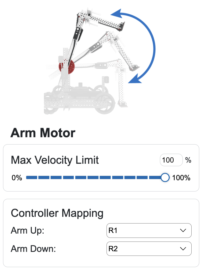 ड्राइविंग कौशल पृष्ठ के नीचे रोबोट कॉन्फ़िगरेशन क्षेत्र का आर्म मोटर अनुभाग। यह शीर्ष पर आर्म मोटर को पढ़ता है और 0 से 100% तक स्लाइडर के साथ अधिकतम वेग के लिए विकल्प दिखाता है, साथ ही नियंत्रक मैपिंग विकल्प भी दिखाता है जिसके लिए बटन ऊपर और नीचे को नियंत्रित करते हैं
