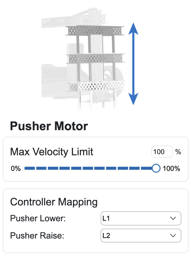 ड्राइविंग कौशल पृष्ठ के नीचे रोबोट कॉन्फ़िगरेशन क्षेत्र का पुशर मोटर अनुभाग। इसमें सबसे ऊपर पुशर मोटर लिखा होता है और 0 से 100% तक के स्लाइडर के साथ अधिकतम वेग के विकल्प दिखाए जाते हैं, साथ ही नियंत्रक मैपिंग विकल्प भी दिखाए जाते हैं, जिसके लिए बटन ऊपर और नीचे की ओर गति को नियंत्रित करते हैं।