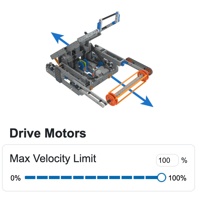 ड्राइविंग कौशल पृष्ठ के नीचे रोबोट कॉन्फ़िगरेशन क्षेत्र का ड्राइव मोटर्स अनुभाग। इसमें सबसे ऊपर ड्राइव मोटर्स लिखा होता है तथा 0 से 100% तक के स्लाइडर के साथ अधिकतम वेग के विकल्प दिखाए जाते हैं।