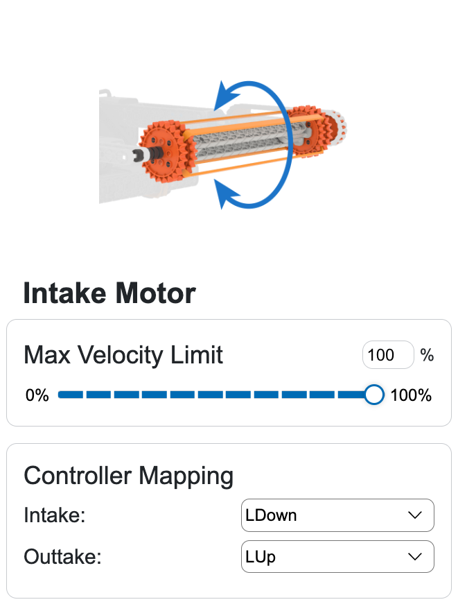ड्राइविंग कौशल पृष्ठ के नीचे रोबोट कॉन्फ़िगरेशन क्षेत्र का इंटेक मोटर अनुभाग। इसमें सबसे ऊपर इंटेक मोटर लिखा होता है और 0 से 100% तक स्लाइडर के साथ अधिकतम वेग के विकल्प दिखाए जाते हैं, साथ ही कंट्रोलर मैपिंग विकल्प भी दिखाए जाते हैं, जिसके लिए बटन इंटेक और आउटटेक को नियंत्रित करते हैं।