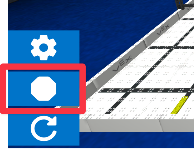 ड्राइविंग कौशल विंडो के निचले बाएं कोने का नज़दीक से दृश्य, जिसमें स्टॉप बटन, एक सफेद षट्भुज, दिखाया गया है, जो मैच के दौरान प्ले बटन के स्थान पर दिखाई देता है। स्टॉप बटन सेटिंग्स आइकन और रीसेट बटन के बीच लंबवत स्थित है।