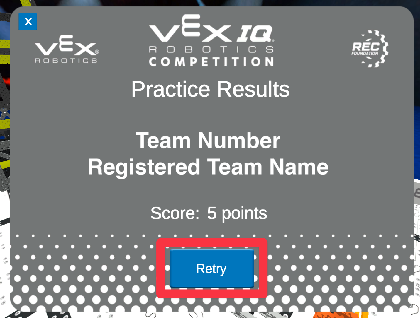 मैच समाप्ति स्क्रीन पर टीम संख्या और पंजीकृत टीम नाम के लिए अभ्यास परिणाम दिखाए जाएंगे। स्कोर 5 अंक है। स्क्रीन के नीचे स्थित पुनः प्रयास बटन लाल बॉक्स में हाइलाइट किया गया है, जो यह बताता है कि दोबारा चलाने के लिए क्या चुनना है।