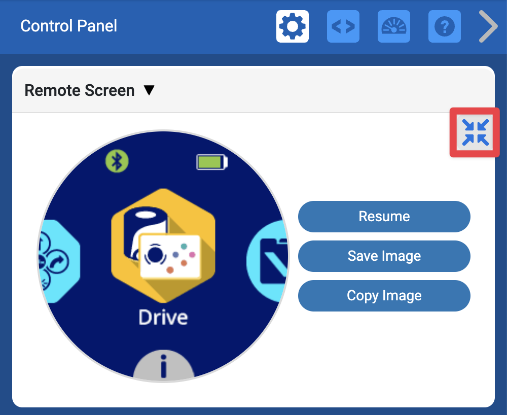 Layar Jarak Jauh yang diperbesar menampilkan gambar layar robot yang lebih besar, dengan tanda panah di sudut kanan atas disorot untuk menunjukkan cara kembali ke ukuran gambar layar default.
