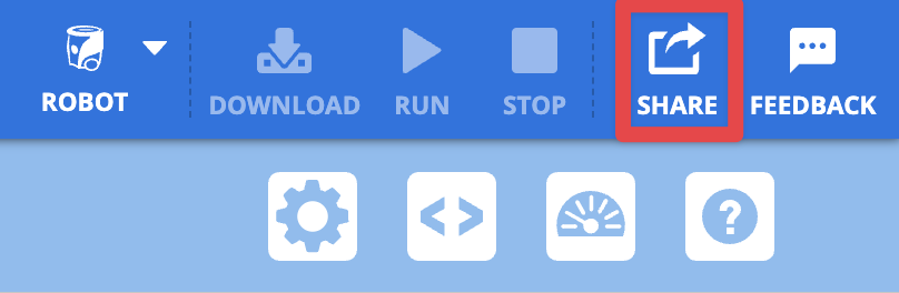 Sudut kanan atas Toolbar AIM VEXcode, dengan tombol Bagikan disorot dalam kotak merah, di sebelah kiri tombol Umpan Balik.
