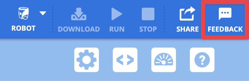 Sudut kanan atas Toolbar AIM VEXcode, dengan tombol Umpan Balik disorot dalam kotak merah, di sebelah kanan tombol Bagikan.