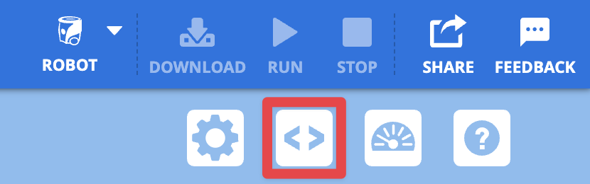 Sudut kanan atas Toolbar AIM VEXcode, dengan tombol Penampil Kode, menampilkan ikon simbol kurang dari dan lebih besar dari, disorot dalam kotak merah.