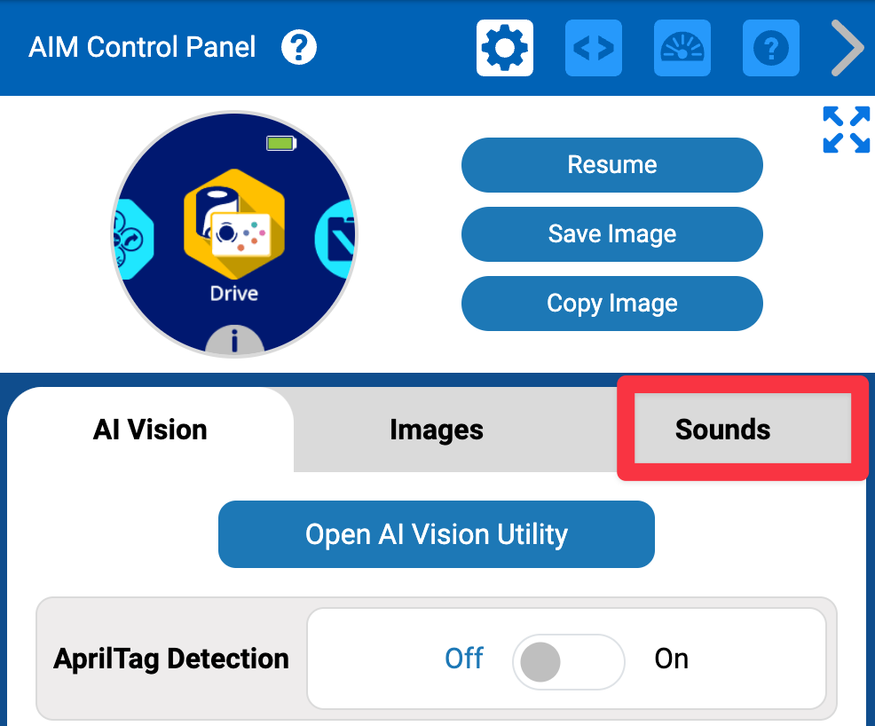 Gambar Panel Kontrol AIM dengan tab Suara disorot.