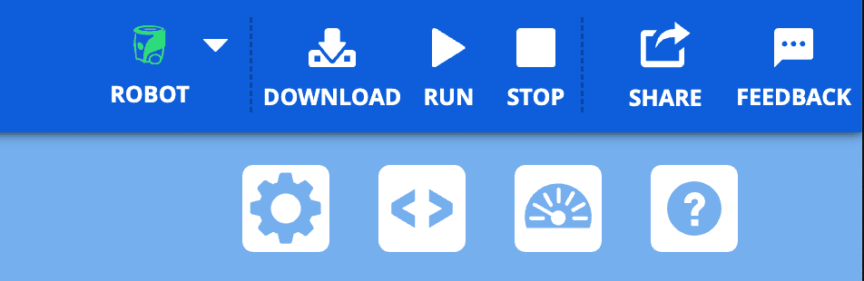 Sudut kanan atas Toolbar AIM VEXcode dengan ikon Robot berwarna hijau dan tombol Unduh, Jalankan, dan Hentikan di sebelah kanan.