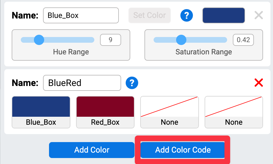 Tampilan kode warna baru diperbesar dengan penyorotan pada tombol Tambahkan Kode Warna di bawah kode.
