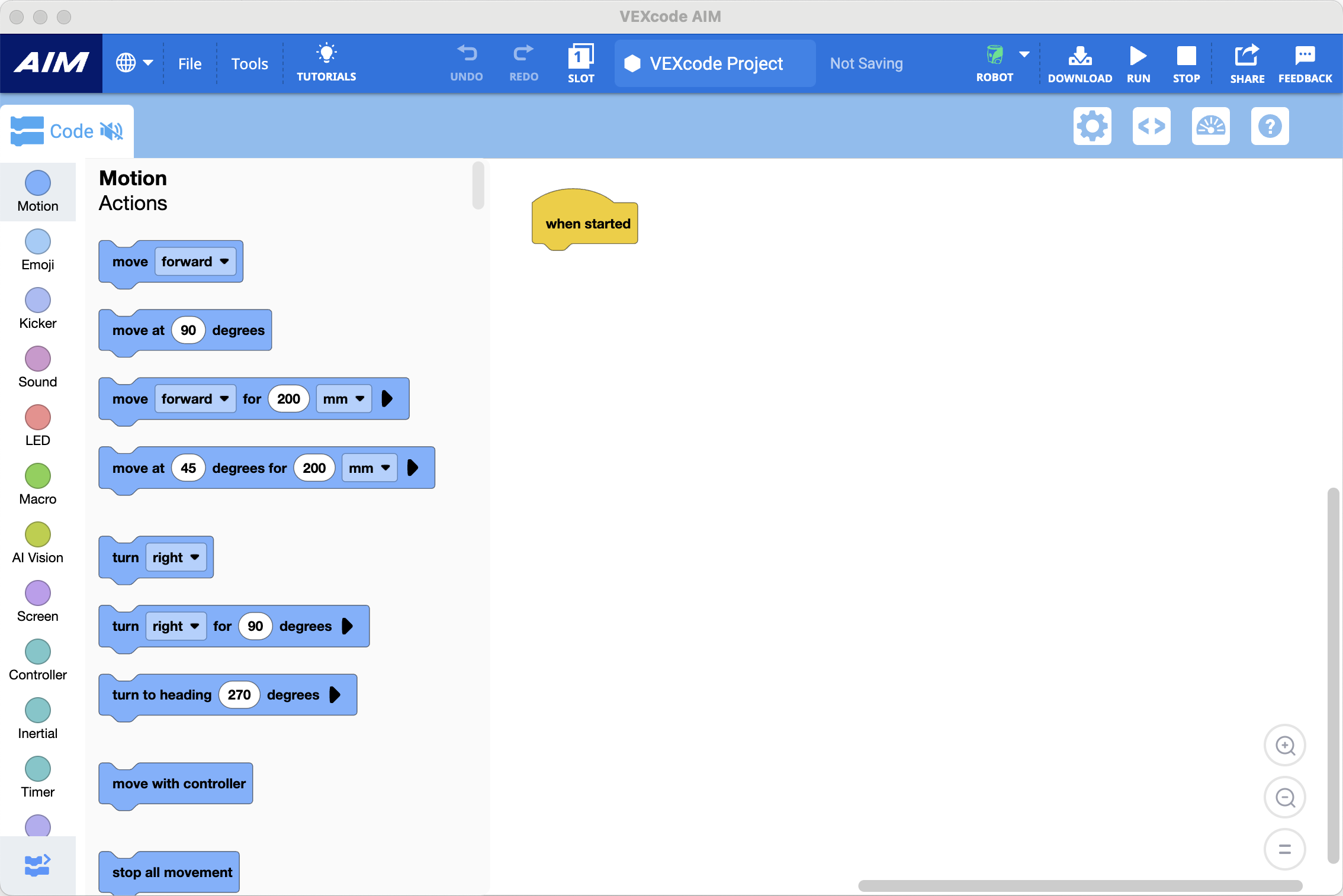 Tangkapan layar antarmuka pengkodean VEXcode AIM, memperlihatkan area pengkodean blok dengan kategori seperti Switch, Looks, Sound, Events, Control, Sensing, dan Operator pada bilah sisi kiri. Blok 'ketika dimulai' terlihat di ruang kerja pengkodean di sebelah kanan.