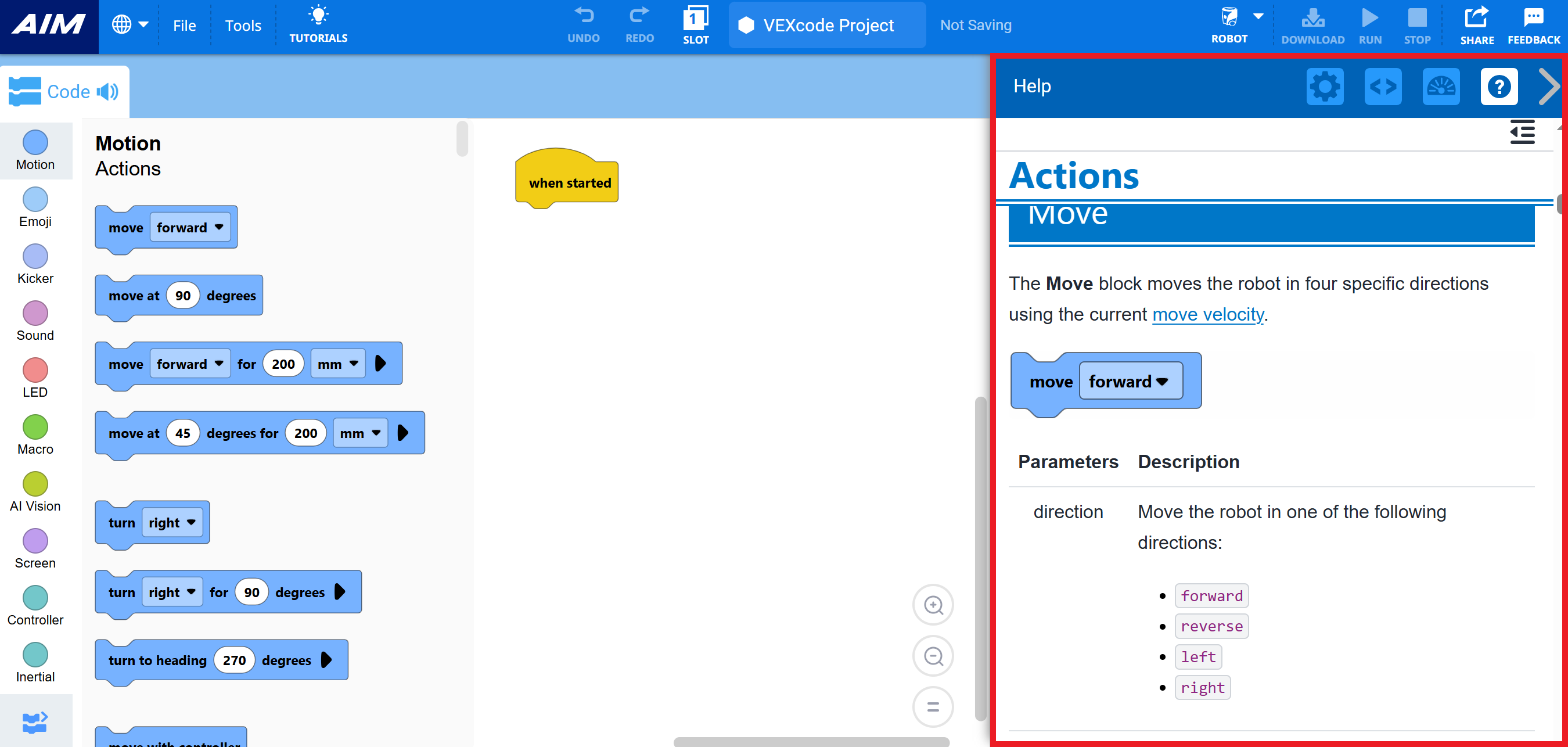 Ruang kerja Blok VEXcode dengan panel Bantuan terbuka di sisi kanan. Panel menampilkan informasi untuk blok Pindah, termasuk deskripsi dan opsi parameter seperti maju, mundur, kiri, dan kanan.