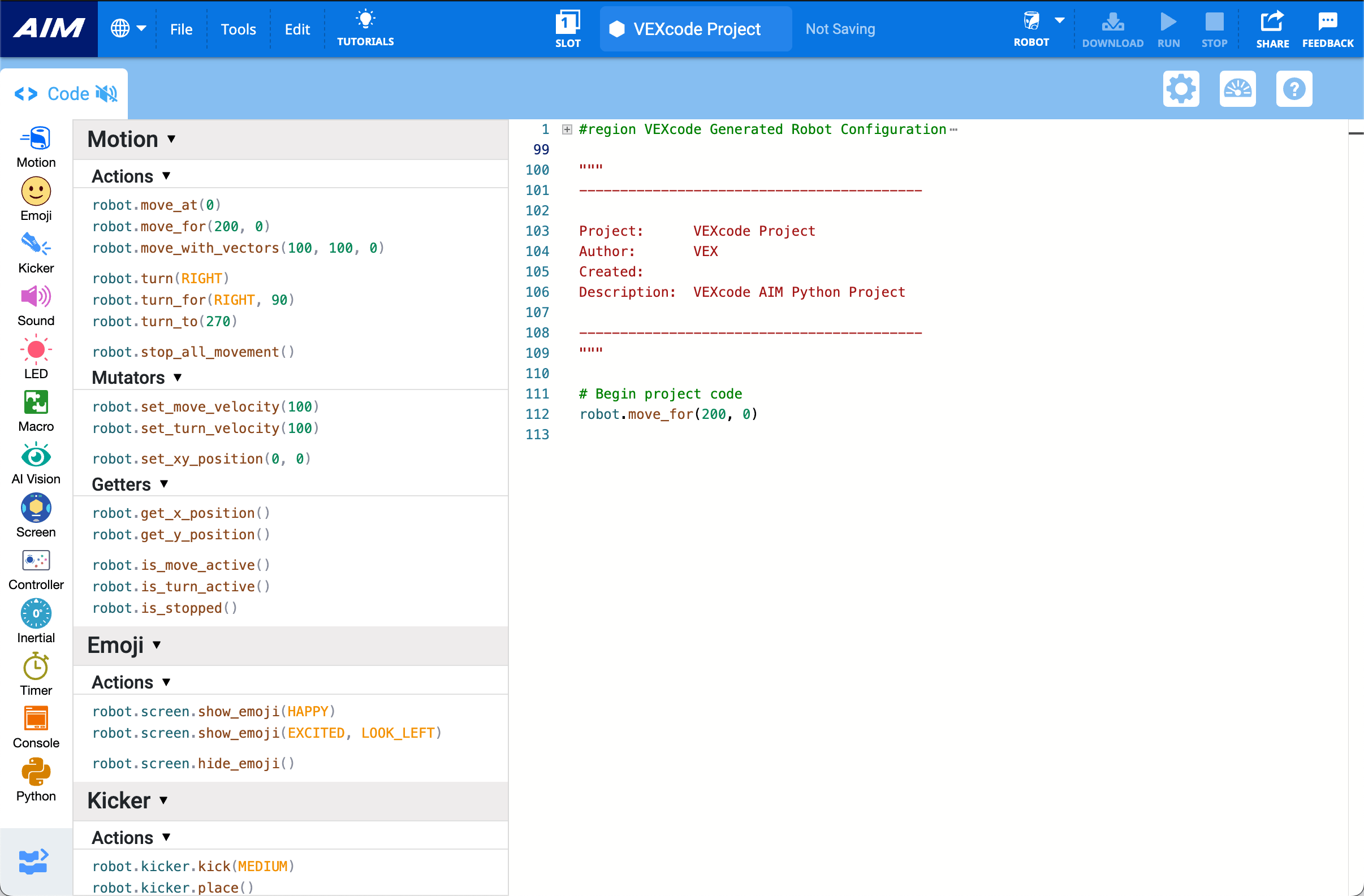 VEXcode AIM के साथ एक पायथन प्रोग्रामिंग इंटरफ़ेस।