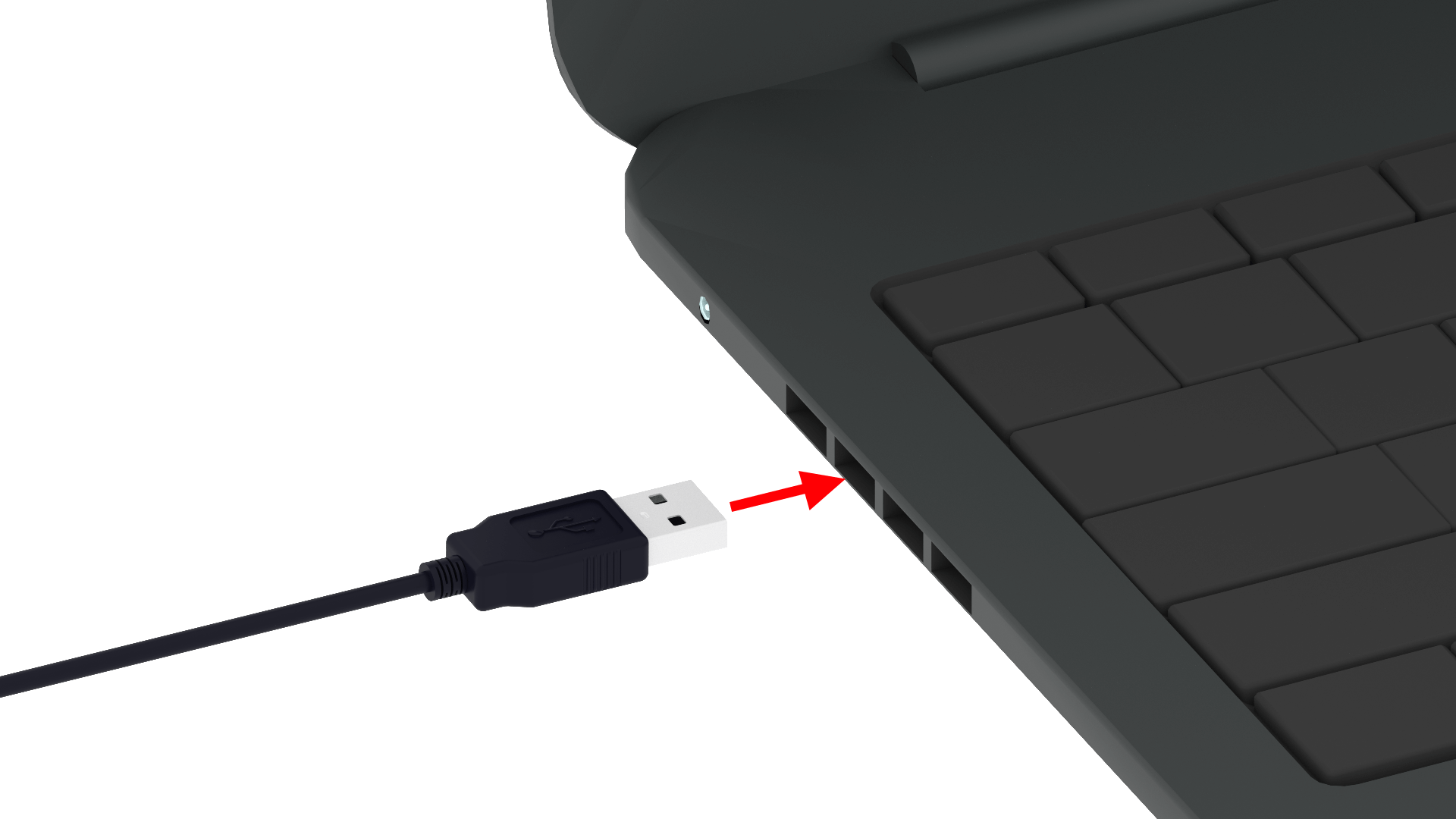 केबल का दूसरा सिरा लैपटॉप के USB-A पोर्ट से जोड़ा जा रहा है।