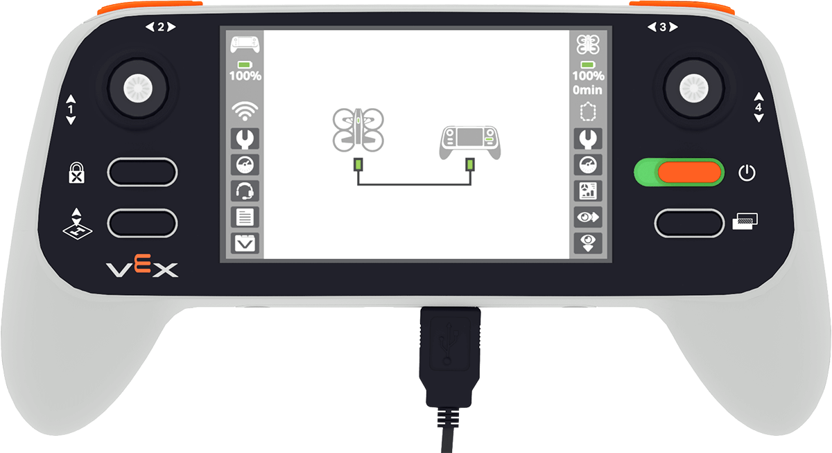 नियंत्रक को चालू दिखाया गया है और इसका USB-A केबल हॉर्नेट से जुड़ा हुआ है। स्क्रीन पर एक वायर्ड कनेक्शन आइकन है जो दिखाता है कि नियंत्रक को हॉर्नेट से जोड़ने के लिए केबल का उपयोग किया जा रहा है।