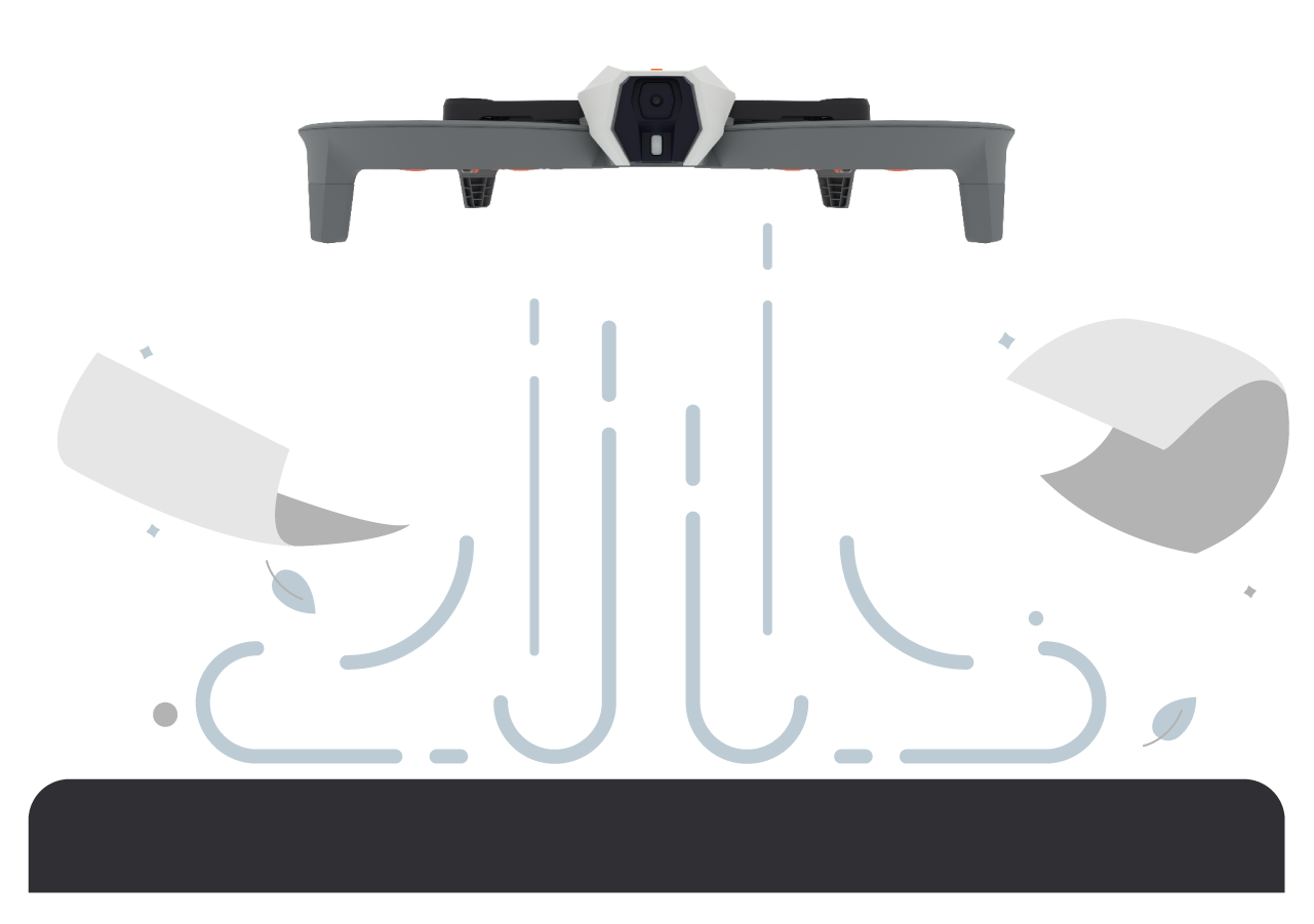 Maan yläpuolella leijuva herhiläinen, jonka ilmavirtauksen osoittavat alaspäin suuntautuvat nuolet ja pyörteilevät roskat.