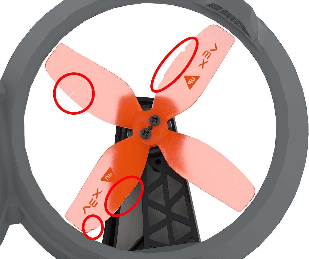 Nahaufnahme eines Hornet-Propellers mit roten Kreisen, die Schäden und Verschleiß an den Blättern hervorheben. Sichtbare Markierungen umfassen Kratzer, Kerben und raue Kanten auf den orangefarbenen Kunststoffklingen