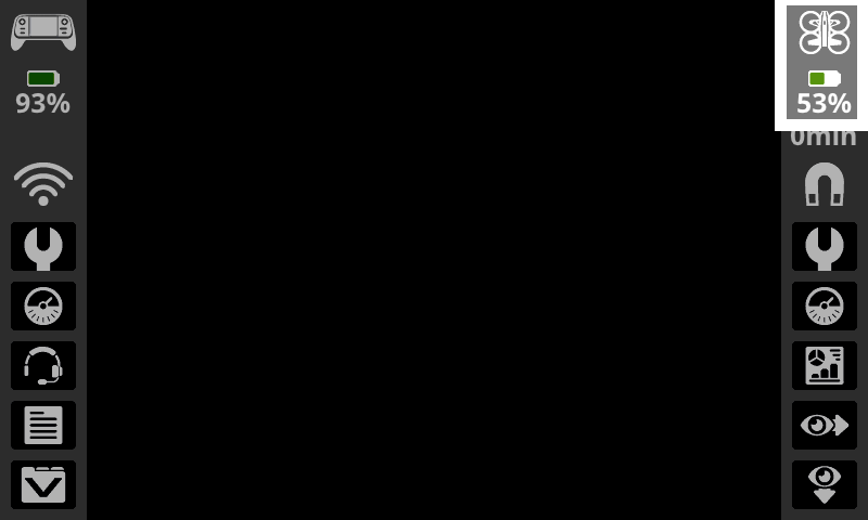 नियंत्रक स्क्रीन को दाईं ओर मेनू में प्रथम आइकन हाइलाइट करके दिखाया गया है। यह आइकन हॉर्नेट का बैटरी स्तर प्रदर्शित करता है।