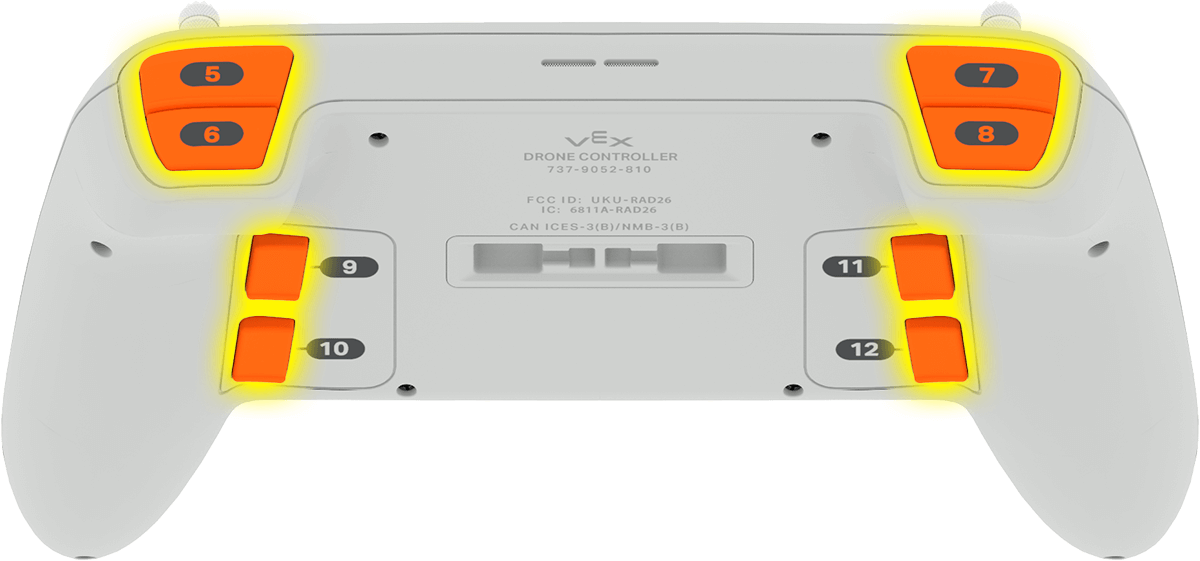Vista del Controlador desde la parte posterior para mostrar sus 8 botones programables que están etiquetados del 5 al 12. Los botones están organizados en cuatro pares de 2, y los botones están resaltados.
