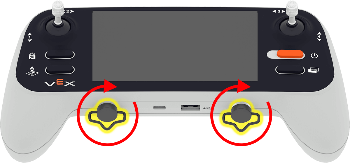 De controller is afgebeeld met de twee lanyard-pinnen vastgeschroefd. Met pijlen wordt aangegeven dat de pennen met de klok mee moeten worden vastgedraaid.