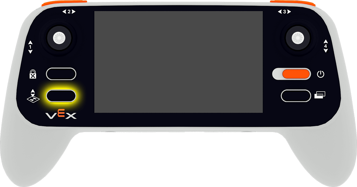 Valdiklis su paryškintu pakilimo ir tūpimo mygtuku po propelerio užrakto mygtuku.