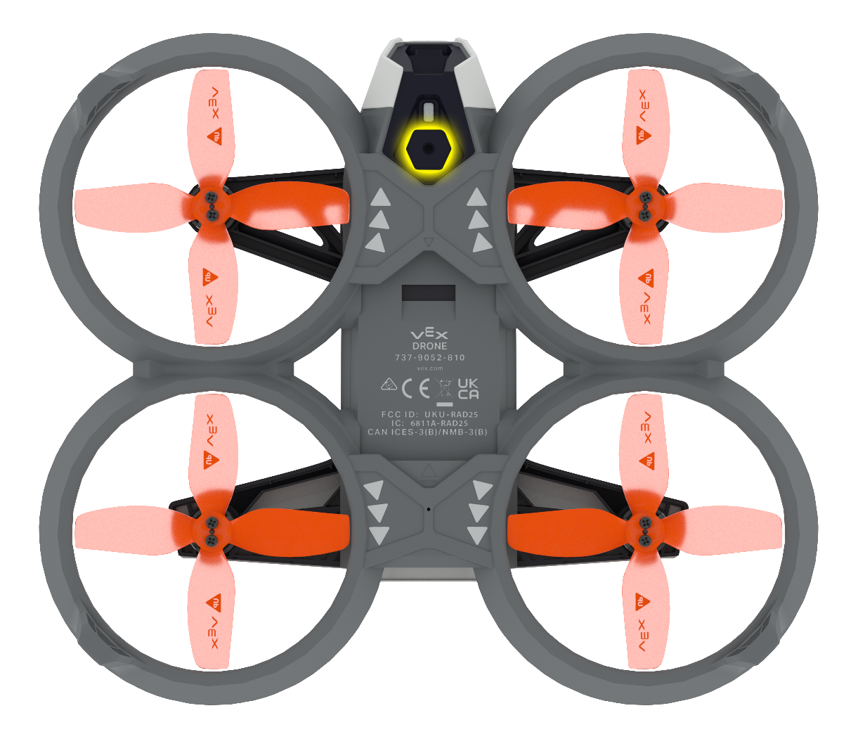Ansicht der Hornet von unten, wobei der nach unten gerichtete Vision Sensor sichtbar und hervorgehoben ist. Dieser Sensor zeigt direkt nach unten.