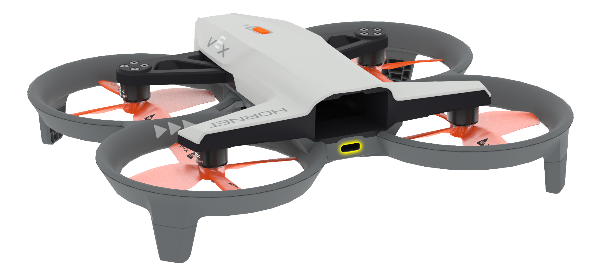 Schuine weergave van de achterkant van de Hornet, met de USB-C-poort gemarkeerd onder het batterijcompartiment.