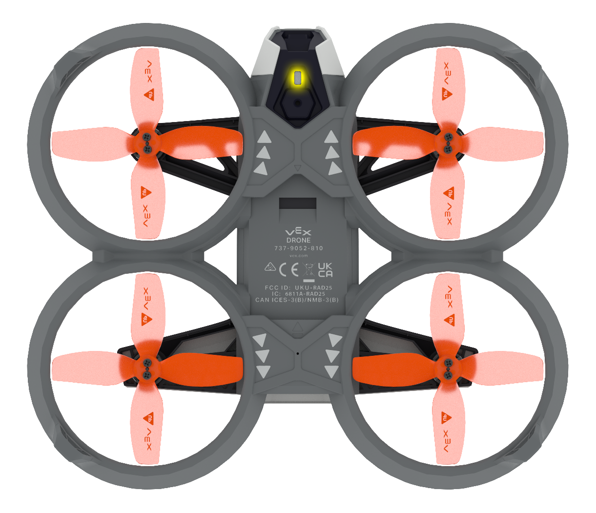 Vista do Hornet a partir de baixo, com o sensor de alcance virado para baixo visível e destacado. Este sensor aponta diretamente para baixo.