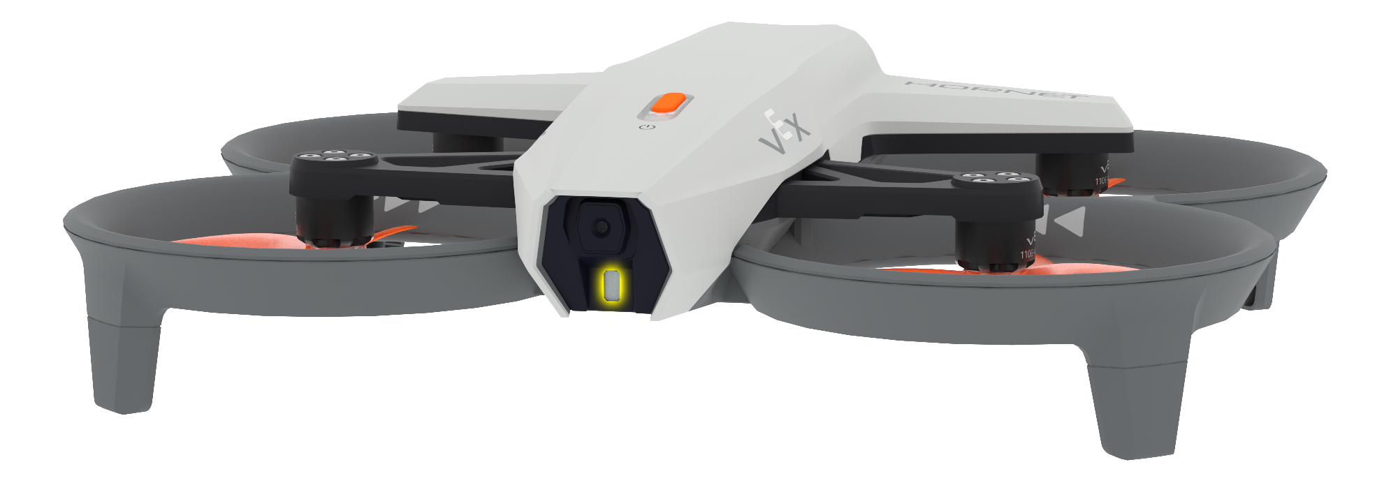 Vista frontal del Hornet, con el sensor de alcance frontal visible y resaltado. Este sensor apunta directamente hacia adelante.