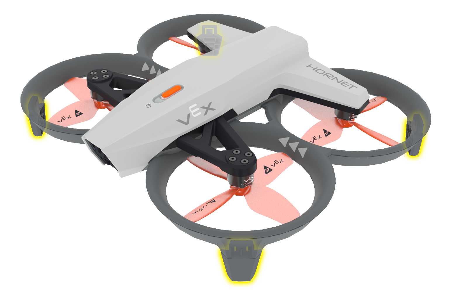 Vista angular do Hornet de cima com os seus quatro pés de aterragem destacados. Os pés de aterragem estão localizados na parte exterior das proteções da hélice.