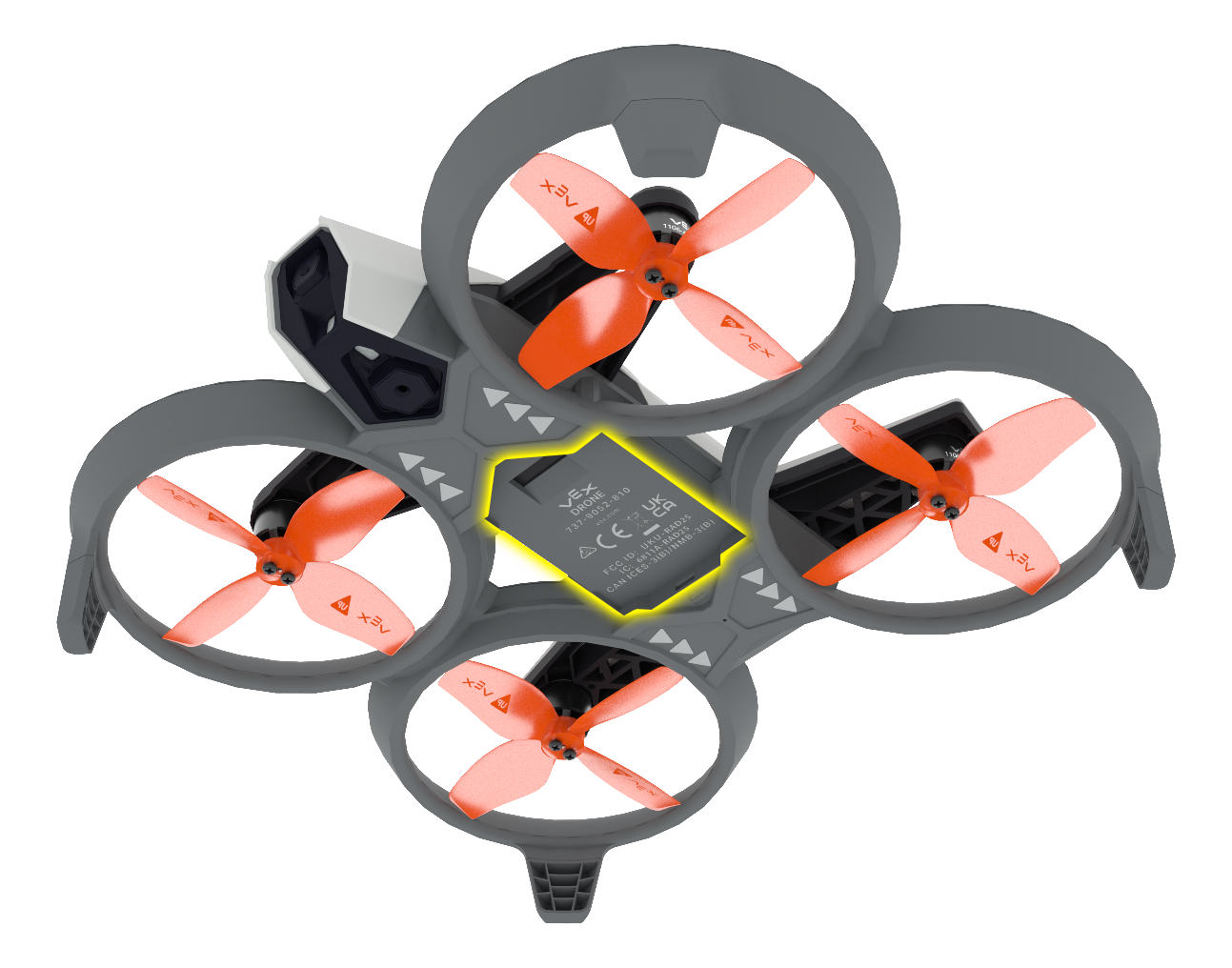 Vista angular do Hornet a partir de baixo, com a porta do Módulo de Missão destacada. Esta porta está localizada na parte inferior do quadro do Hornet, entre as suas 4 hélices.