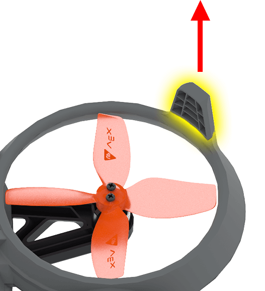 Grande plano do pé de aterragem de uma vespa a ser removido. Uma seta vermelha para cima e um destaque amarelo enfatizam o pé destacando-se da estrutura do Hornet.