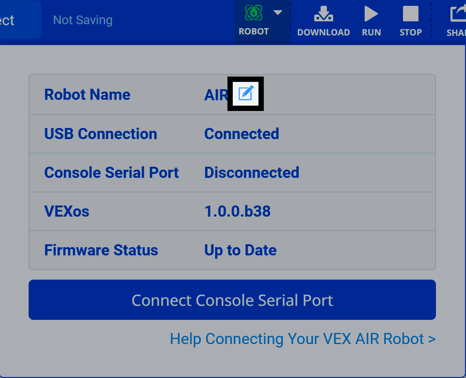 रोबोट सेटिंग स्क्रीन पर वर्तमान नियंत्रक नाम के रूप में AIR दिखाया गया है, तथा संपादन आइकन हाइलाइट किया गया है।
