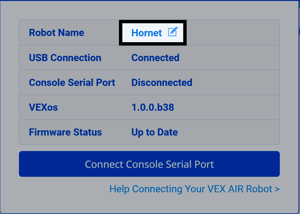 रोबोट सेटिंग स्क्रीन पर रोबोट का अद्यतन नाम हॉर्नेट की पुष्टि की गई है, तथा नया नाम हाइलाइट किया गया है।