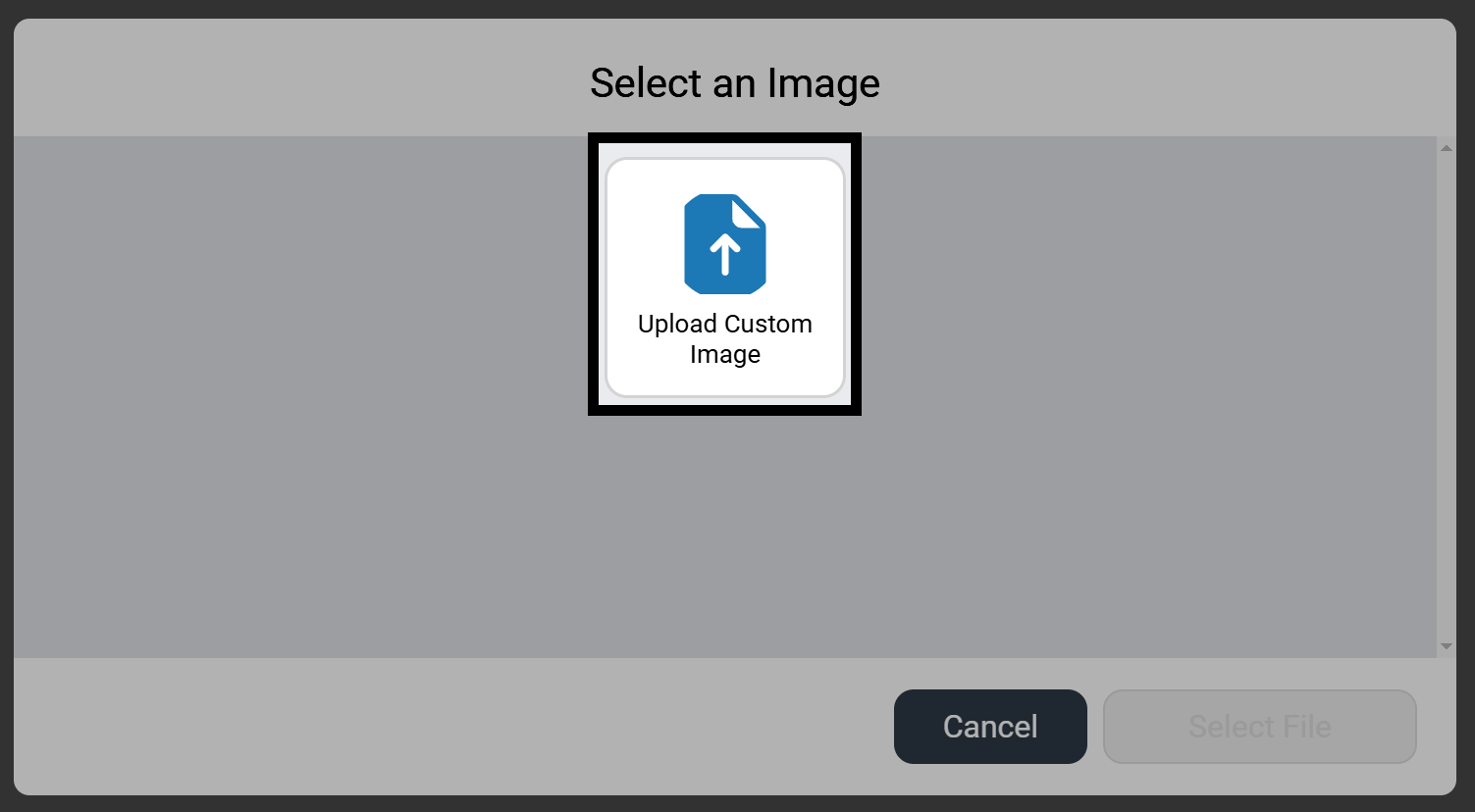 Cuadro de diálogo de carga de imagen que muestra un solo botón Cargar imagen personalizada en el centro de la pantalla, con las opciones Cancelar y Seleccionar archivo desactivadas