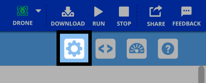 VEXcode V5 टूलबार जिसमें गियर आइकन ड्रोन मेनू के नीचे हाइलाइट किया गया है, जो डिवाइस या प्रोजेक्ट सेटिंग्स तक पहुंच का संकेत देता है