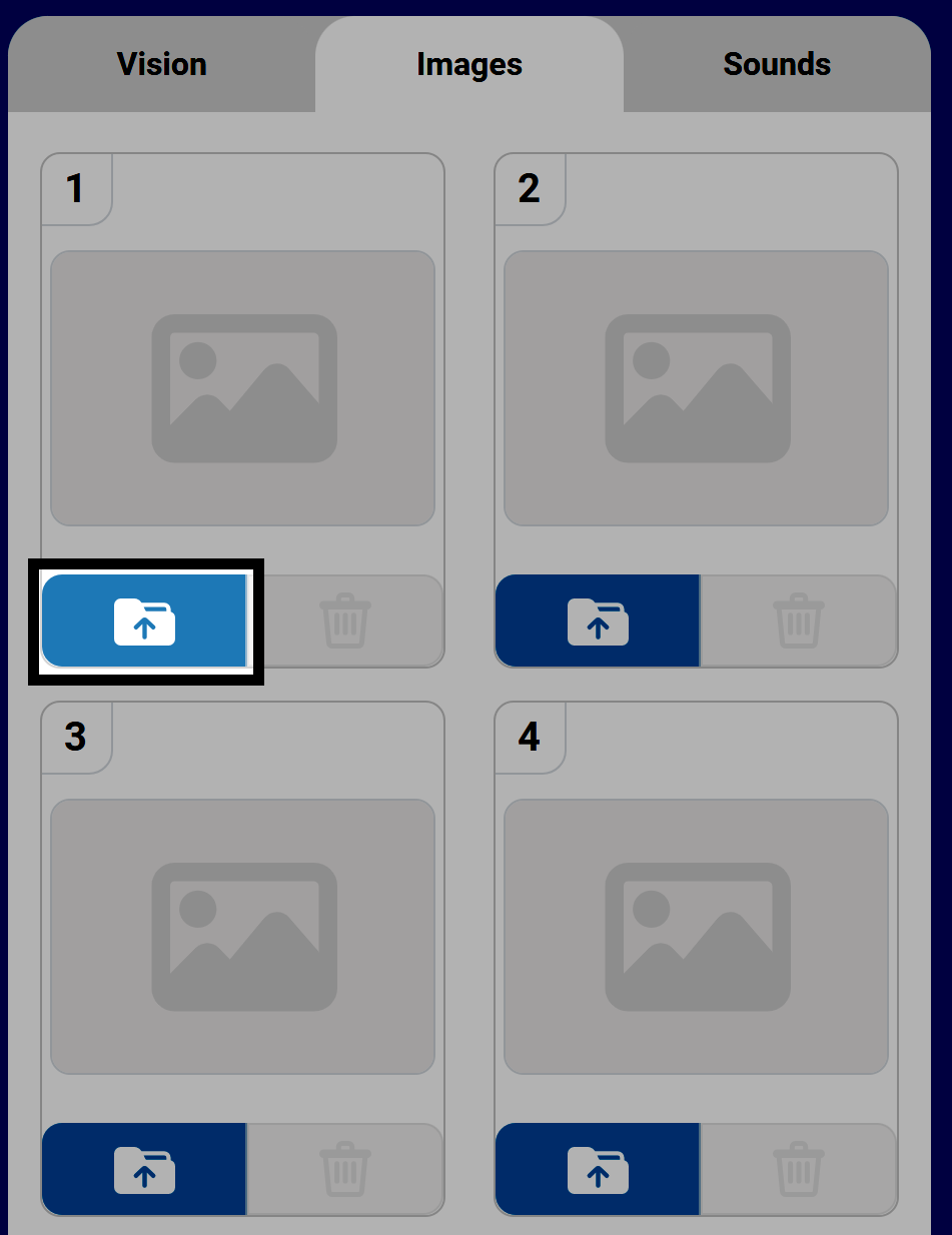 छवियाँ टैब चार क्रमांकित अपलोड स्लॉट दिखा रहा है; स्लॉट 1 में अपलोड फ़ोल्डर आइकन हाइलाइट किया गया है, जो छवि अपलोड करने की तत्परता को दर्शाता है