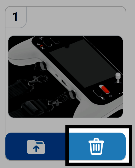  छवियाँ टैब में स्लॉट 1 जिसमें VEX नियंत्रक छवि लोड है; ट्रैश बिन आइकन हाइलाइट किया गया है, जो यह दर्शाता है कि डिलीट फ़ंक्शन सक्रिय है