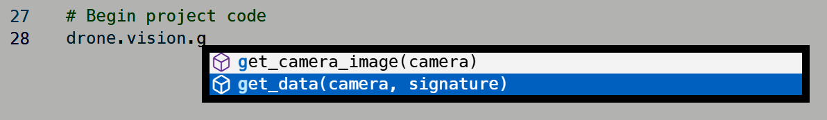 Saisie semi-automatique affichant les options de vision pour le drone, y compris les fonctions d'obtention d'image de caméra et d'obtention de données.