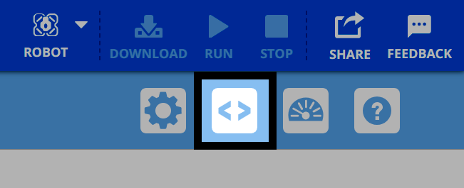 कोड व्यूअर टॉगल बटन को VEXcode इंटरफ़ेस में काले बॉर्डर से हाइलाइट किया गया है। यह बटन इंटरफ़ेस आइकन के बीच स्थित है और इसे कोणीय कोष्ठकों की एक जोड़ी द्वारा दर्शाया गया है।