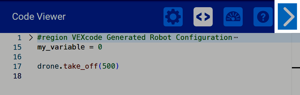 VEXcode कोड व्यूअर का क्लोज-अप, जिसमें ऊपरी-दाहिने कोने में विस्तृत साइडबार तीर बटन हाइलाइट किया गया है। पैनल एक चर और एक टेकऑफ़ कमांड के साथ पायथन कोड प्रदर्शित करता है।