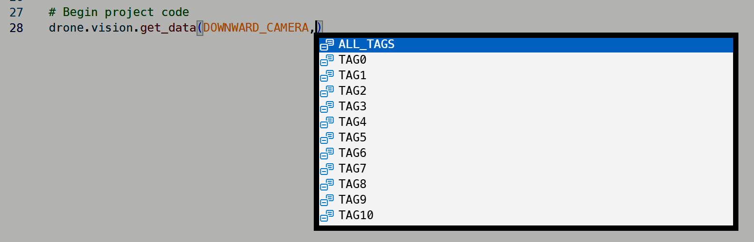 Automatické doplňování zobrazuje možnosti tagů, jako například ALL_TAGS a TAG0 až TAG10, pro data o vidění dronu.