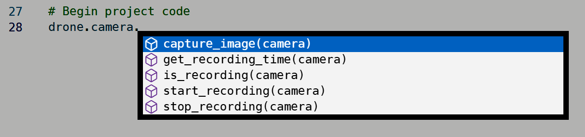 Automatisch aanvullen van camerafuncties zoals het vastleggen van een beeld en het starten van een opname voor het drone-object.