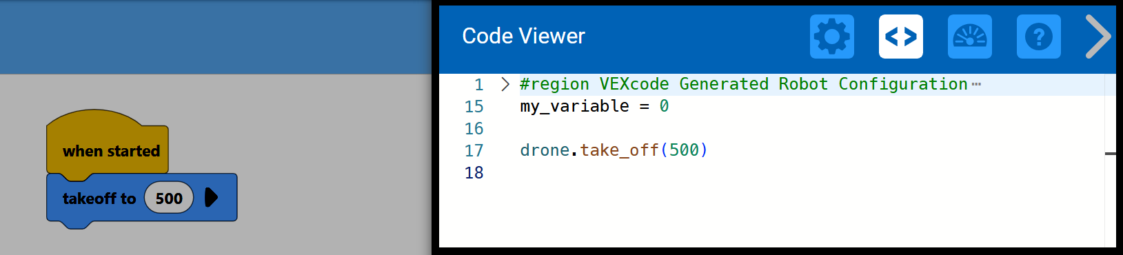 VEXcode कार्यक्षेत्र बाईं ओर एक ब्लॉक प्रोग्राम और दाईं ओर कोड व्यूअर पैनल दिखाता है। कोड व्यूअर, पाइथन कोड को एक चर घोषणा और ड्रोन टेकऑफ़ कमांड के साथ प्रदर्शित करता है, जो ब्लॉकों का दृश्य रूप से मिलान करता है।