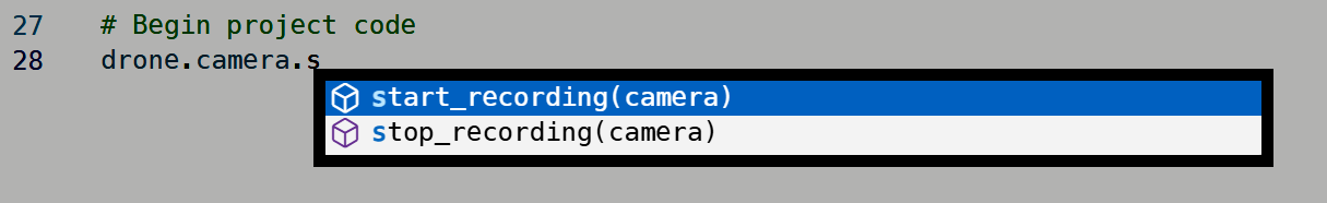 Menu di completamento automatico che mostra le funzioni di registrazione della telecamera nell'oggetto drone.camera.