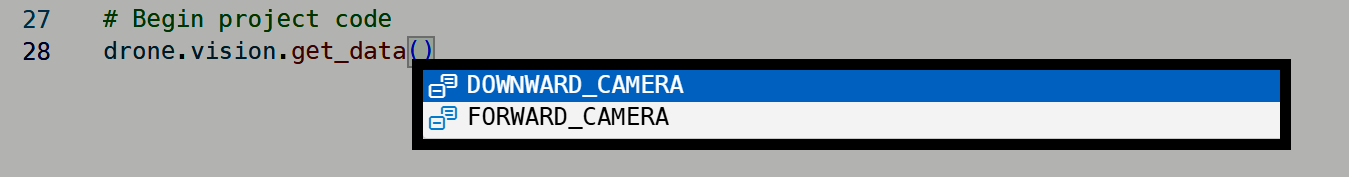 ക്യാമറ തിരഞ്ഞെടുക്കൽ ഓപ്ഷനുകൾ DOWNWARD_CAMERA, FORWARD_CAMERA എന്നിവ കാണിക്കുന്ന സ്വയമേവ പൂർത്തിയാക്കൽ.